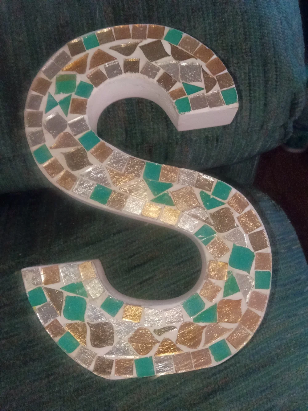 Decorative Mosaic Letter S - Teal, Gold & Silver